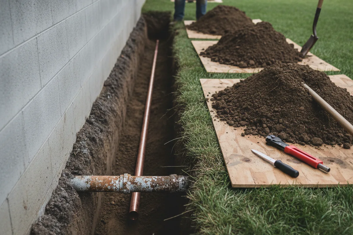 Excavated water line trench during Sewer Line Repair in North Liberty